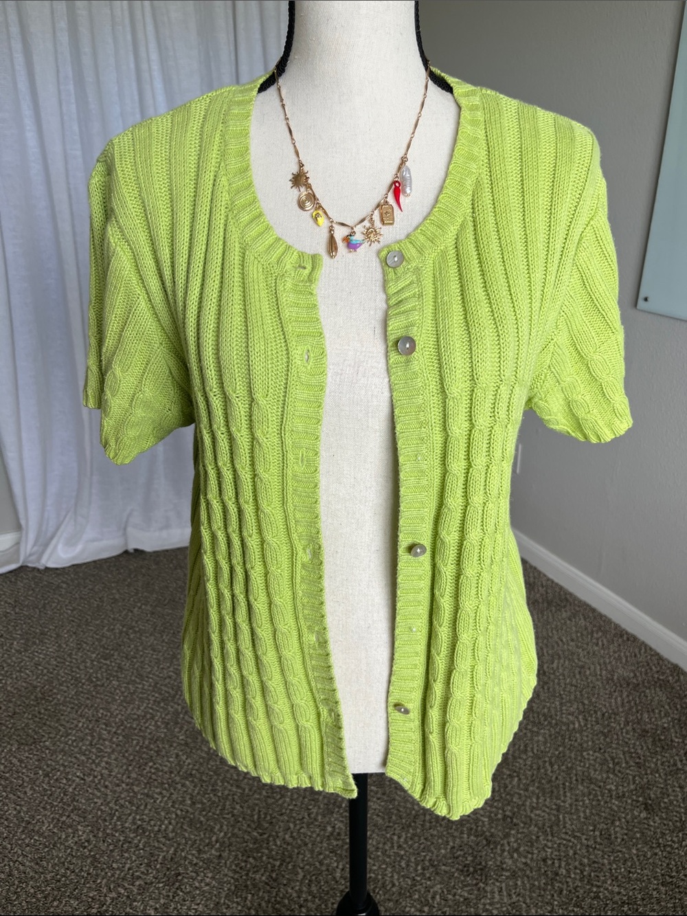 Vintage Bright Green Knit Button Up Cardigan Short Sleeve Relaxed Large